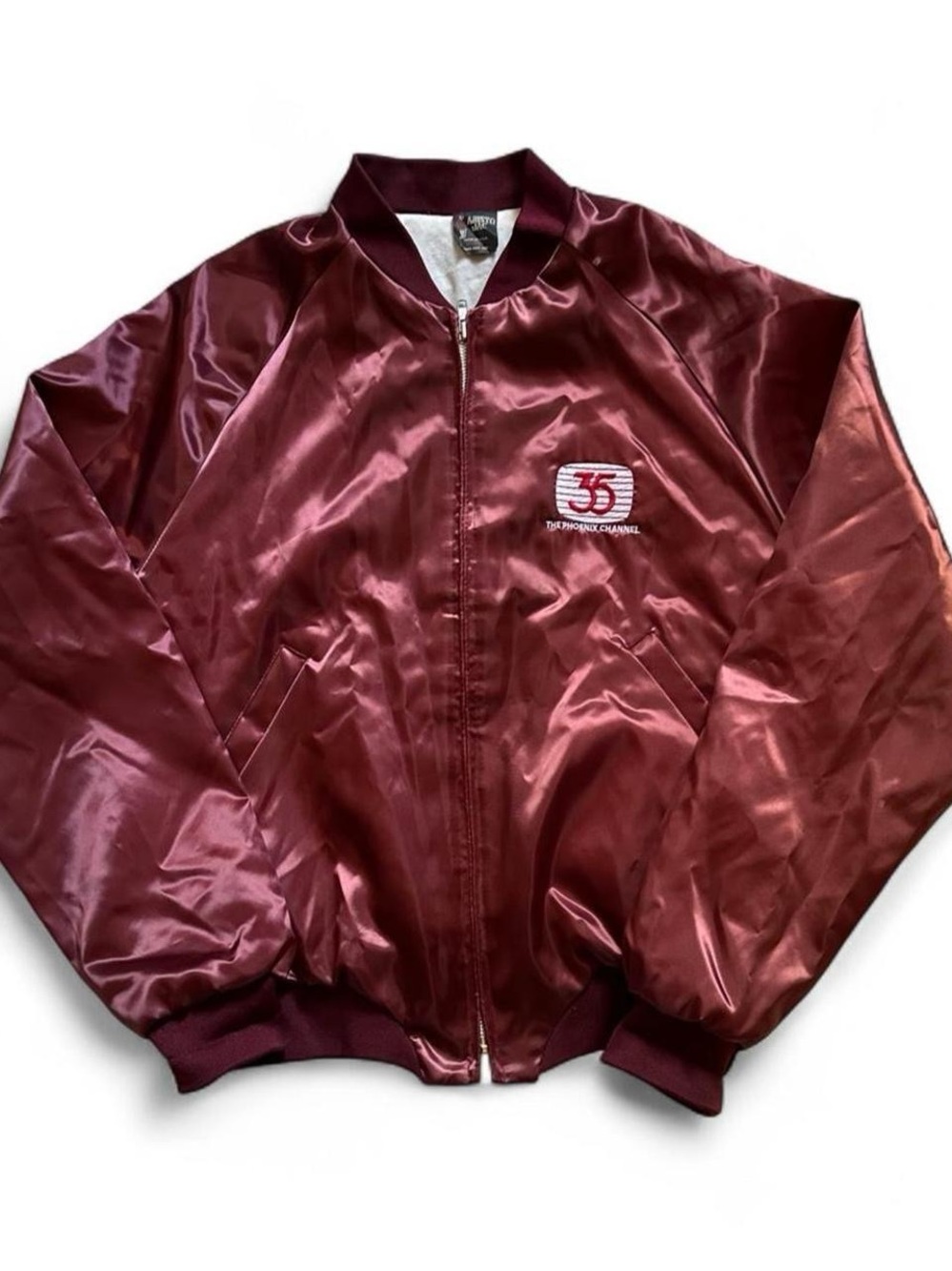 Vintage 1980s 35 the Phoenix Channel Men's Maroon Satin Bomber Jacket M